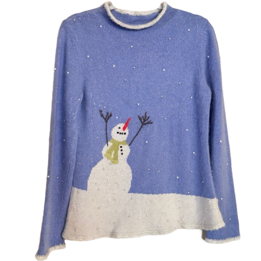 Vintage 90s Susan Bristol Holiday Snowman Sweater Pearls Silk Rabbit Hair Size L